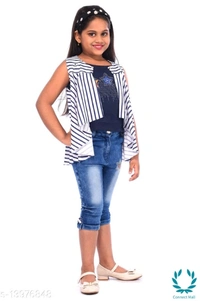 Pretty Stylish Girls Top Bottom Jacket Sets - 1-2 Years, Top Fabric:Cotton Polyster, Bottom Fabric:Danim, Multipack: Single Add-Ons: Jacket